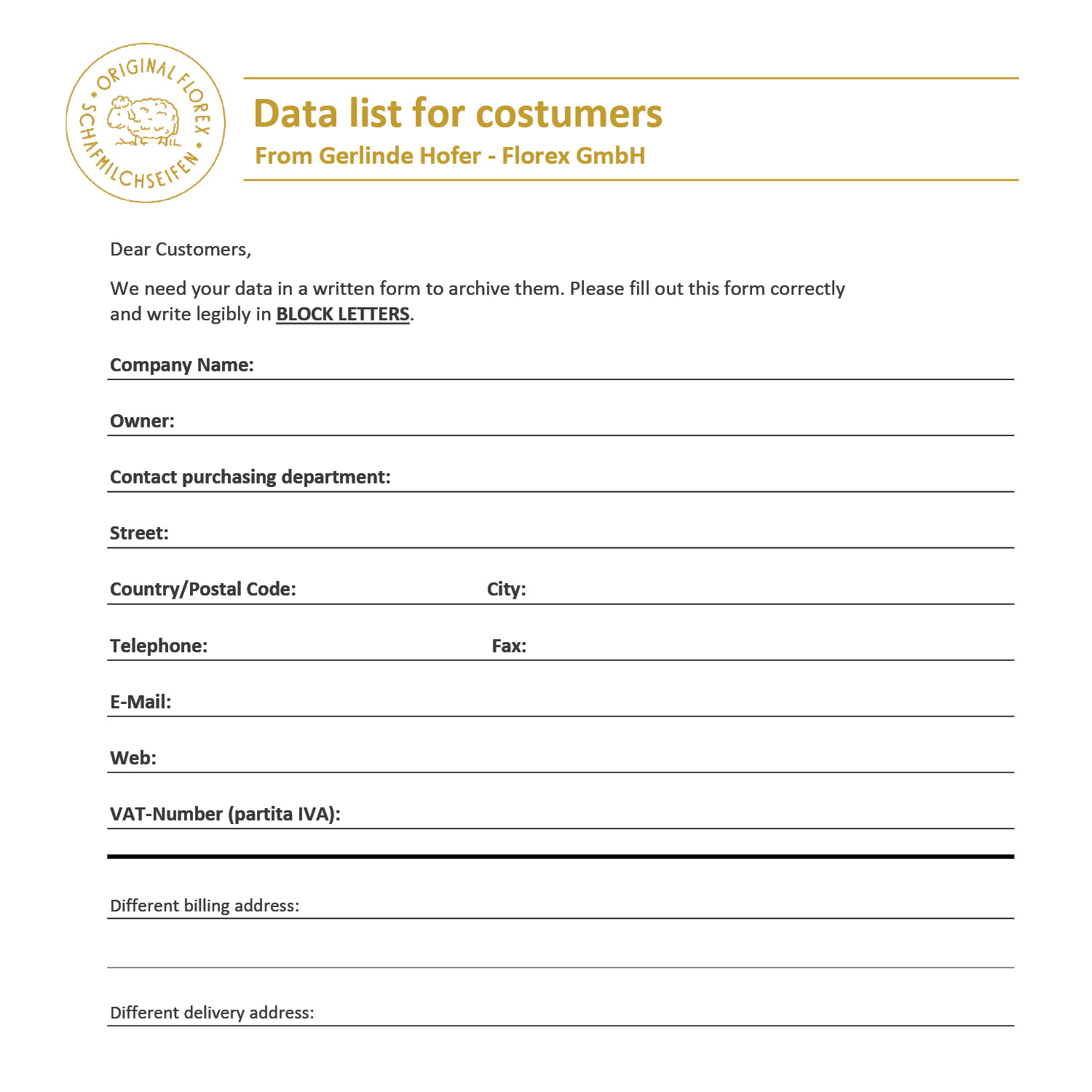Data list for customer