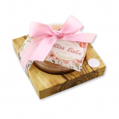 Sheep milk round 100g on a olive wood soap dish "Alles Liebe", Wild rose 