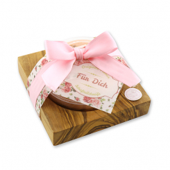 Sheep milk round 100g on a olive wood soap dish "Für Dich", Wild rose 