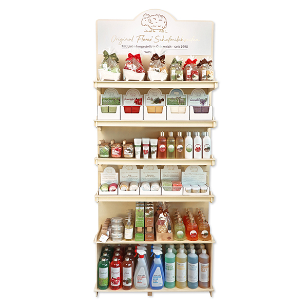 Shelf Variant 1, width 88 cm x depth 48 cm x height 210 cm, completely stocked with FLOREX products 