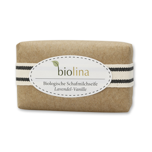 Biolina sheep milk 100g packed in a brown paper with a ribbon, Lavender vanilla 