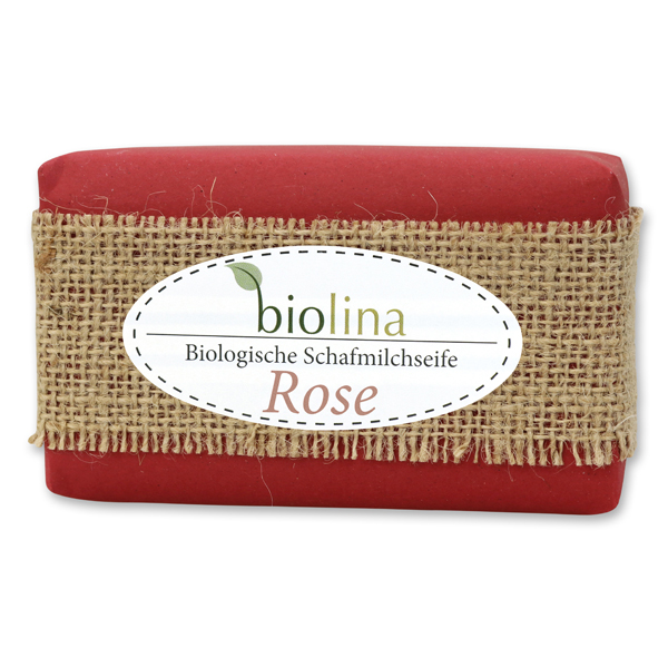 Biolina Schafmilchseife 200g verpackt mit rotem Papier und Juteband, Rose 