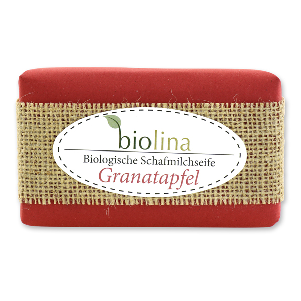 Biolina Schafmilchseife 200g verpackt mit rotem Papier und Juteband, Granatapfel 