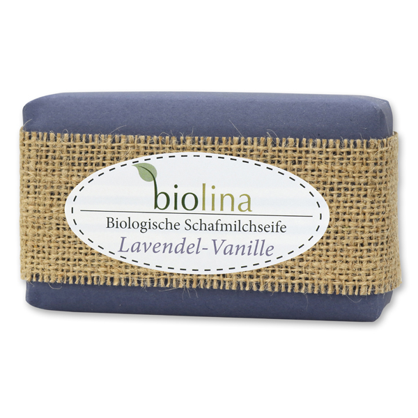 Biolina sheep milk 200g packed in a blue paper with a ribbon, Lavender vanilla 