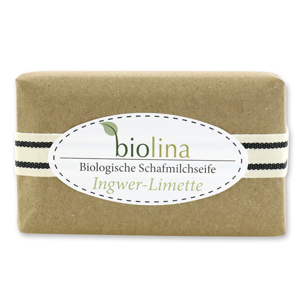 Biolina Schafmilchseife 200g verpackt mit braunem Papier und Dekoband gestreift, Ingwer-Limette 