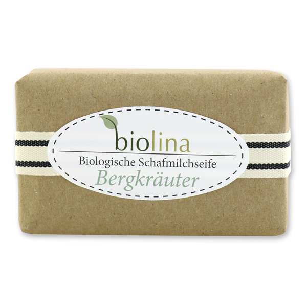 Biolina sheep milk 200g packed in a brown paper with a ribbon, Mountain herbs 