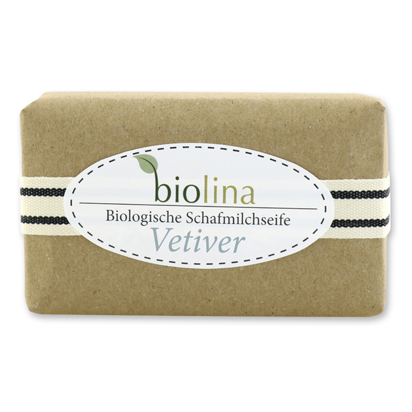 Biolina Schafmilchseife 200g verpackt mit braunem Papier und Dekoband gestreift, Vetiver 