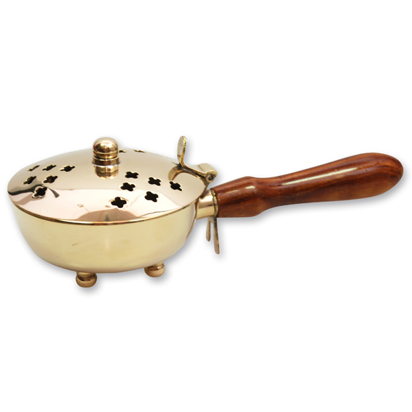 Incense pan with wooden grip 21x9cm brass, for a charcoal 