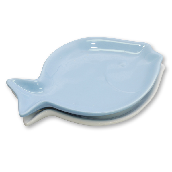 Soap dish porcelain fish shaped, white/blue sorted - second-rate quality 