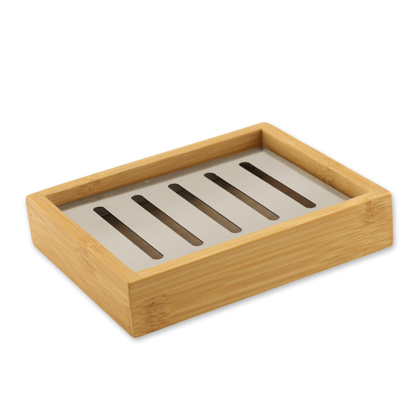 Soap dish made out of bamboo with metal inset 