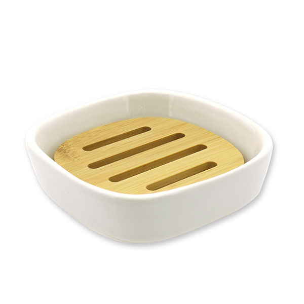 Soap dish porcelain quadratic with bamboo element 