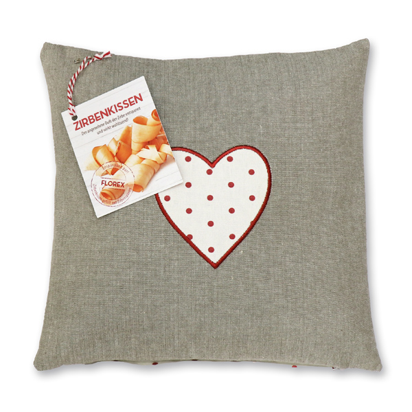 Swiss pine pillow 30x30cm with a heart motive filled with swiss pine shavings 