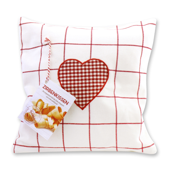 Swiss pine pillow 30x30cm with a heart motive filled with swiss pine shavings 