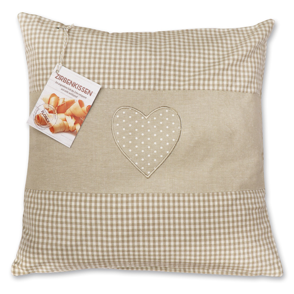 Swiss pine pillow 40x40cm with a heart motive ecru filled with swiss pine shavings 
