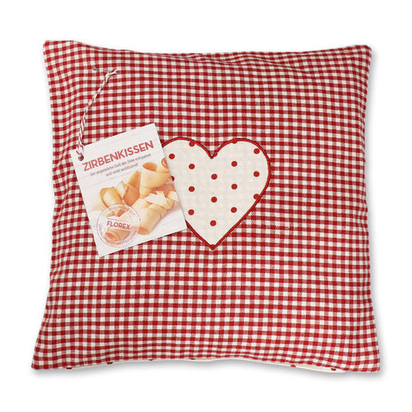 Swiss pine pillow 30x30cm with a red heart motive filled with swiss pine shavings 