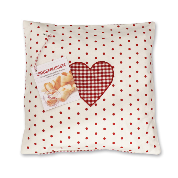 Swiss pine pillow 30x30cm with a heart motive filled with swiss pine shavings 