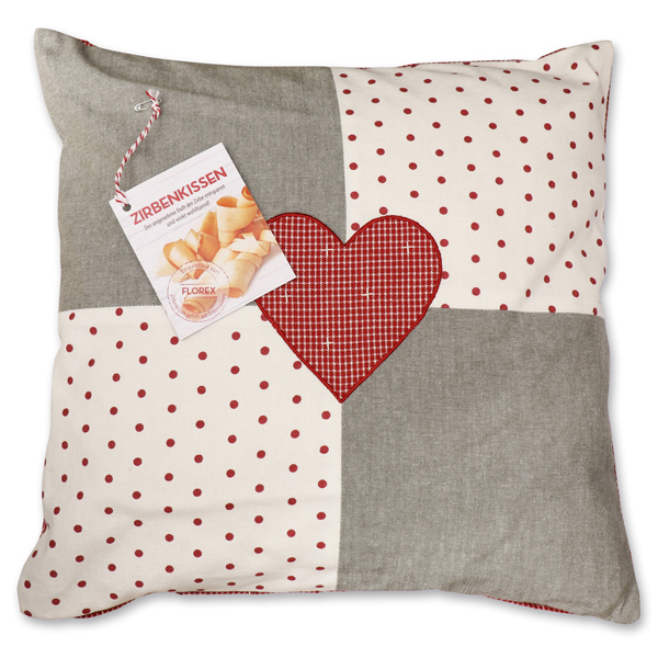 Swiss pine pillow 40x40cm with a heart motive filled with swiss pine shavings 