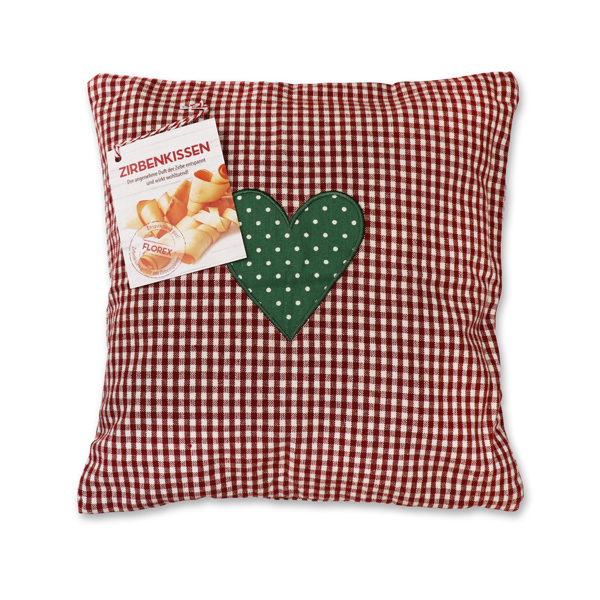 Swiss pine pillow 30x30cm with a heart motive filled with swiss pine shavings 