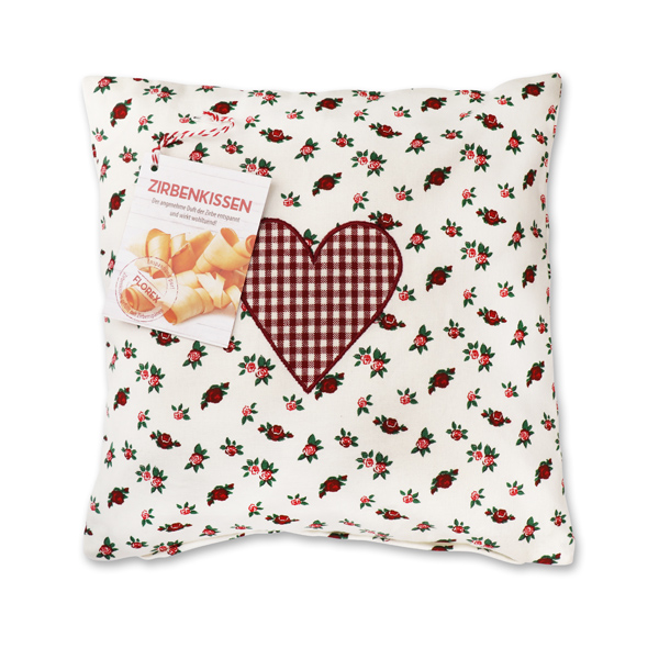 Swiss pine pillow 30x30cm with a heart motive filled with swiss pine shavings 