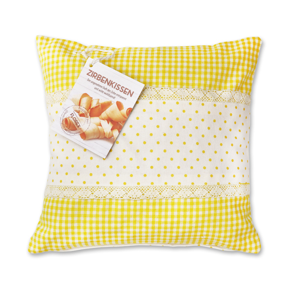 Swiss pine pillow 30x30cm with a yellow pattern filled with swiss pine shavings 