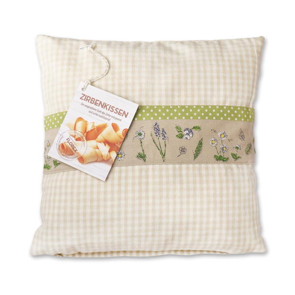 Swiss pine pillow 30x30cm with a lavender pattern filled with swiss pine shavings 