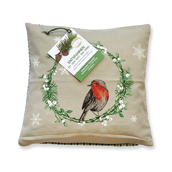 swiss pine pillow 30x30cm with a bird filled with swiss pine shavings 