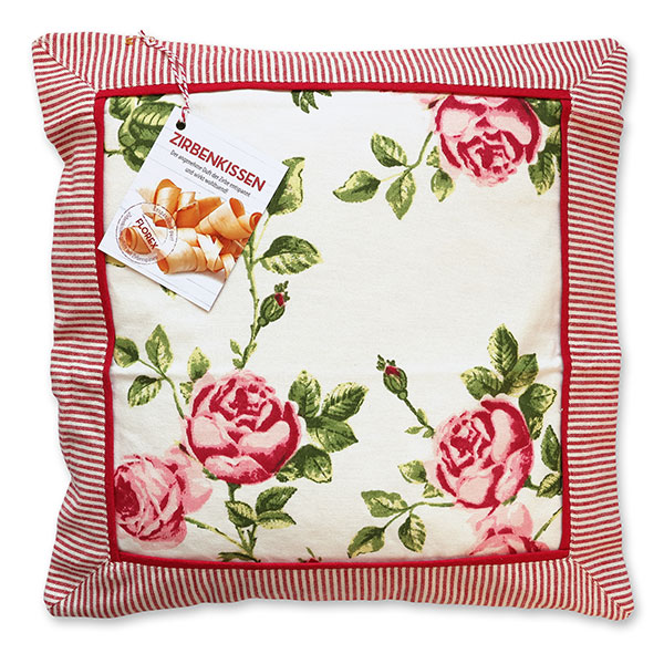 Swiss pine pillow 40x40cm white with roses and frame filled with swiss pine shavings 