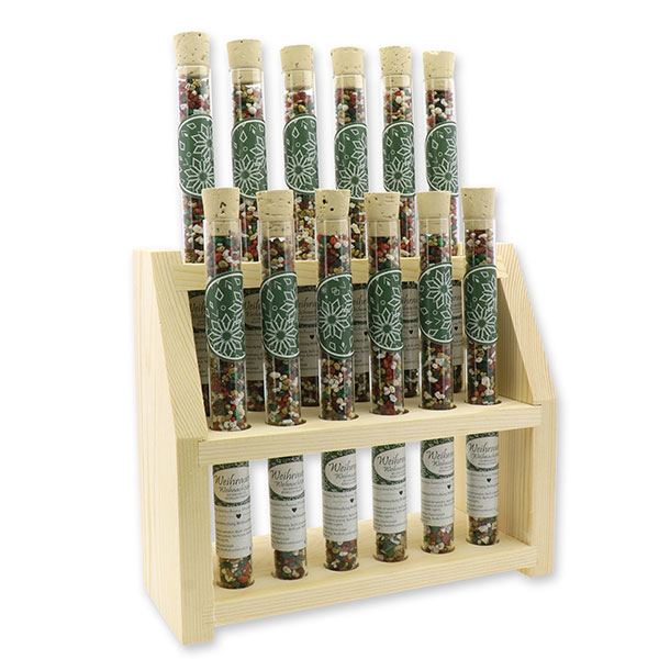 Wooden stand filled with incense mix 18g in a vial, "Weihnachtszeit" 