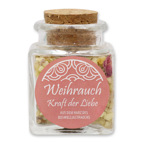 Incense mix 28g in a square glass jar with a plug cork, "Kraft der Liebe" 