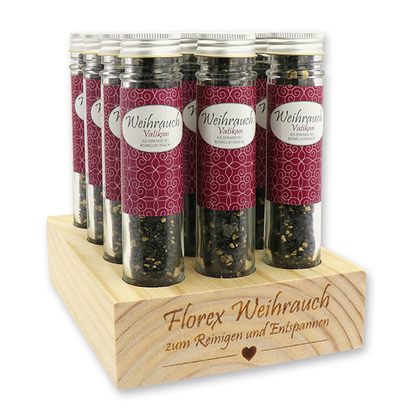 Aufsteller Holz befüllt mit Weihrauchmischung 35g im hohen Glas, Vatikan 