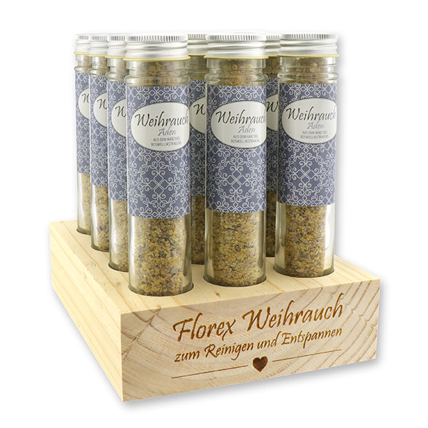 Aufsteller Holz befüllt mit Weihrauch 35g im hohen Glas, Aden fein 