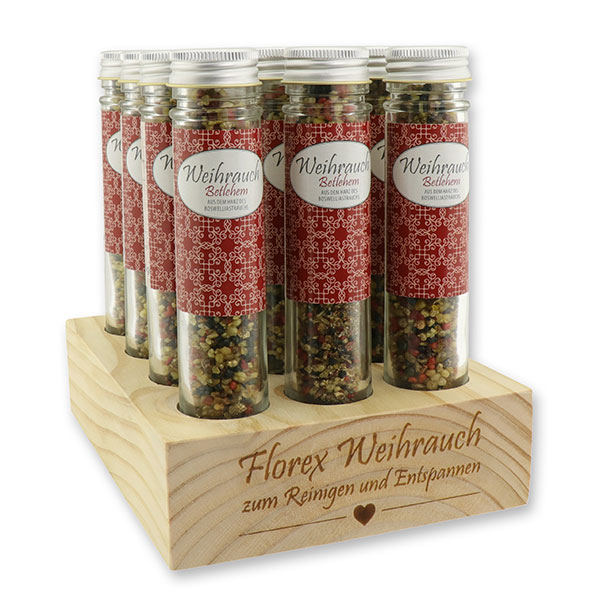 Aufsteller Holz befüllt mit Weihrauchmischung 35g im hohen Glas, Betlehem 