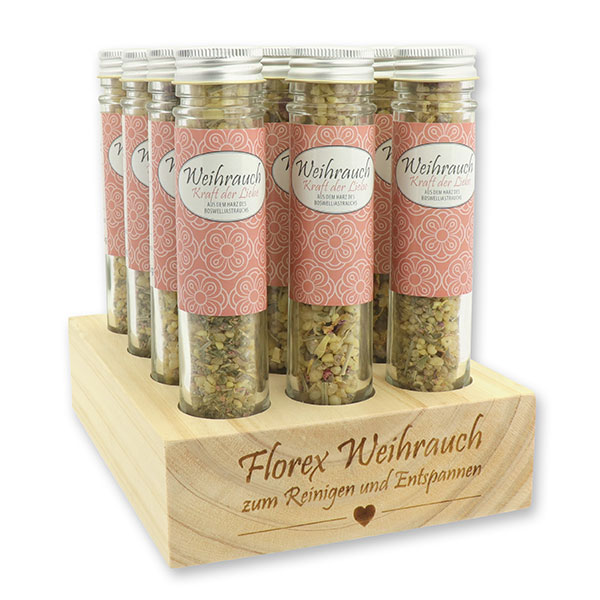 Aufsteller Holz befüllt mit Weihrauchmischung 35g im hohen Glas, Kraft der Liebe 