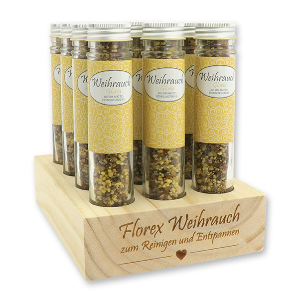 Wooden stand filled with Incense mix 35g in a high glass jar, "Gloria" 