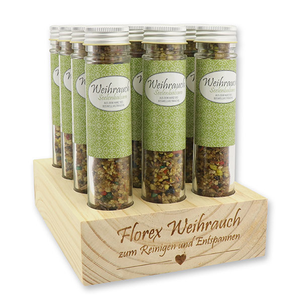 Wooden stand filled with Incense mix 35g in a high glass jar, "Seelenbalsam" 