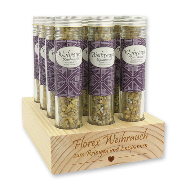 Wooden stand filled with Incense mix 35g in a high glass jar, "Rauhnacht" 