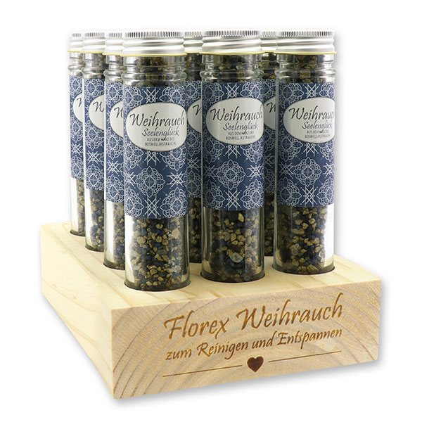Aufsteller Holz befüllt mit Weihrauchmischung 35g im hohen Glas, Seelenglück 