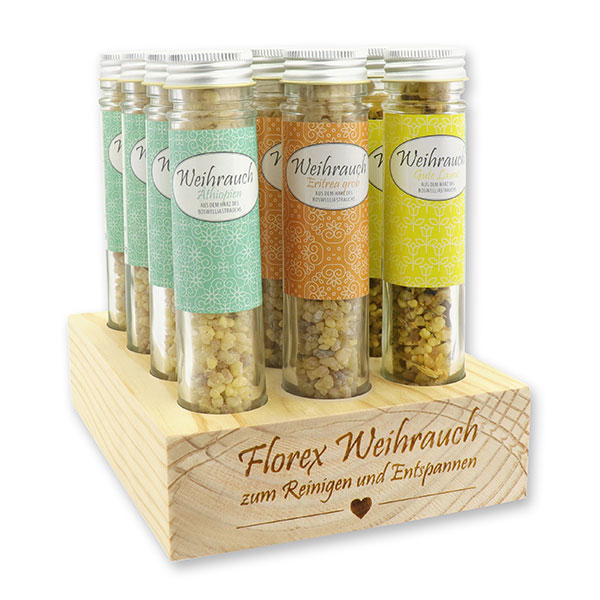 Wooden stand filled with Incense mix 35g in a high glass jar, sorted 