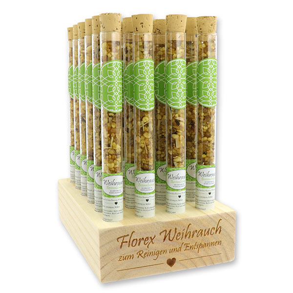 Wooden stand filled with incense mix 18g in a vial, "Besinnlichkeit" 