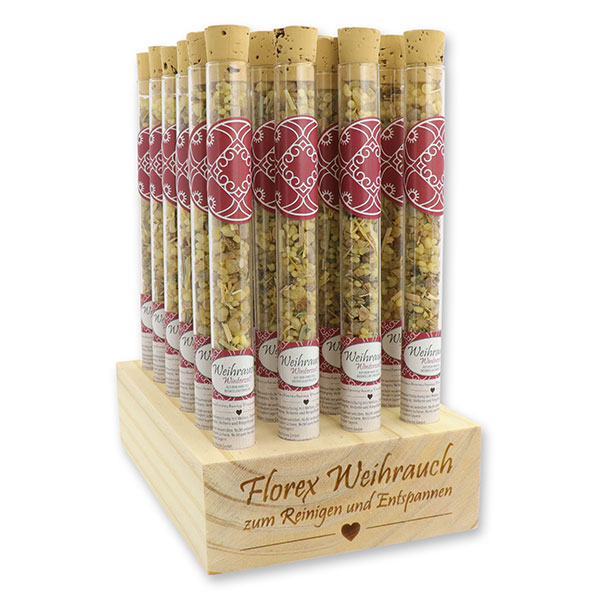 Wooden stand filled with incense mix 18g in a vial, "Winterzeit" 