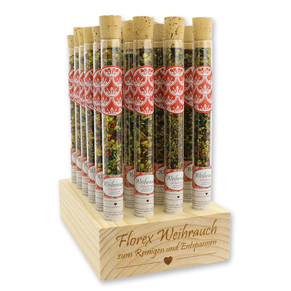Wooden stand filled with incense mix 18g in a vial, "Schutzengel" 