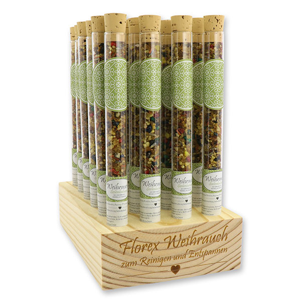 Wooden stand filled with incense mix 18g in a vial, "Seelenbalsam" 