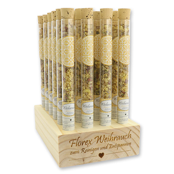 Wooden stand filled with incense mix 18g in a vial, "Sonnentanz" 