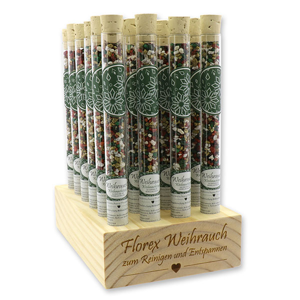 Wooden stand filled with incense mix 18g in a vial, "Weihnachtszeit" 