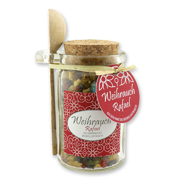 Insence mix 70g in a glass with cork and a wooden spoon decorated, "Rafael" 