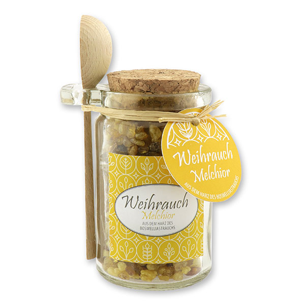 Insence mix 70g in a glass with cork and a wooden spoon decorated, "Melchior" 