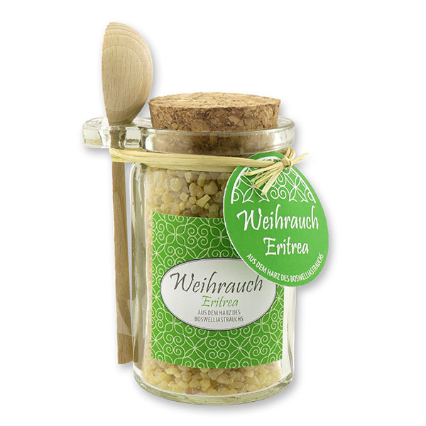 Incense 70g in a glass with cork and a wooden spoon decorated, "Eritrea extra fein" 