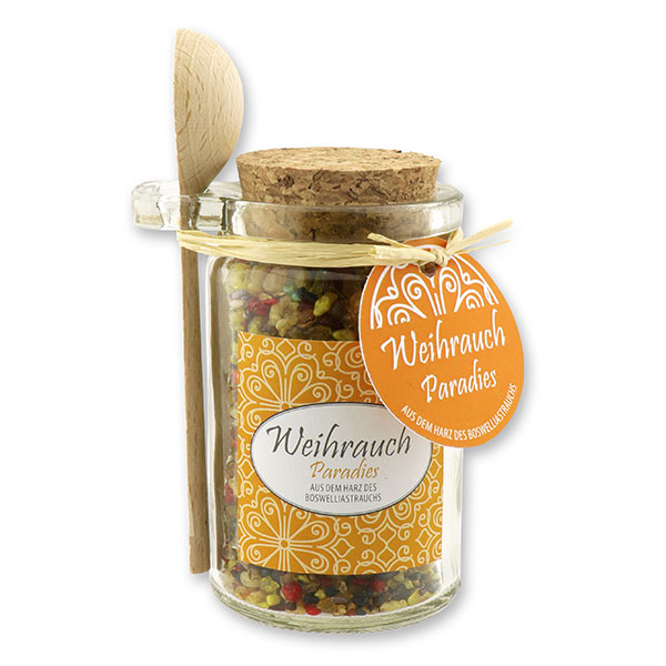 Insence mix 70g in a glass with cork and a wooden spoon decorated, "Paradies" 