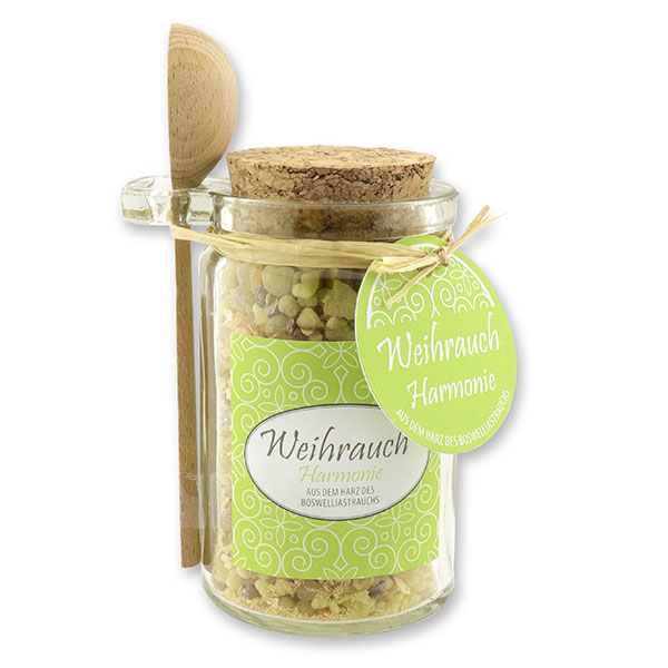 Insence mix 70g in a glass with cork and a wooden spoon decorated, "Harmonie" 