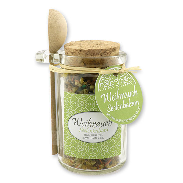 Insence mix 70g in a glass with cork and a wooden spoon decorated, "Seelenbalsam" 
